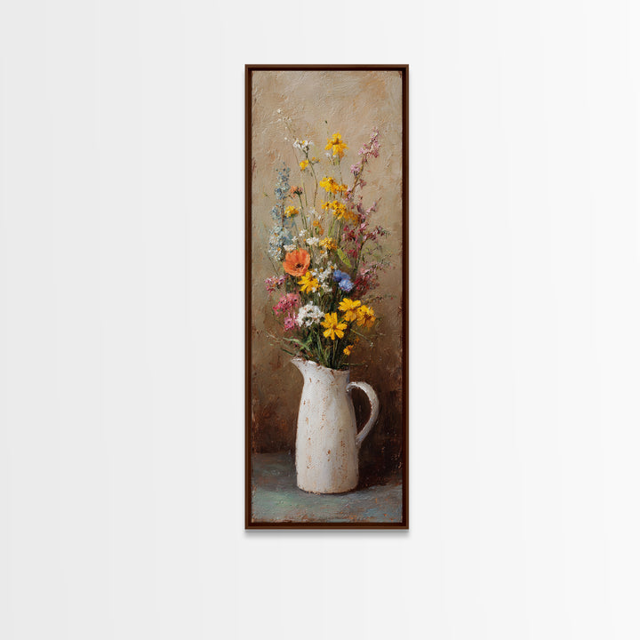 Country Wildflowers in a Chipped Ceramic Pitcher Canvas Print, Bed and Breakfast Art, Minimalist Decor, Living Room Decor, BAB-1x3-37