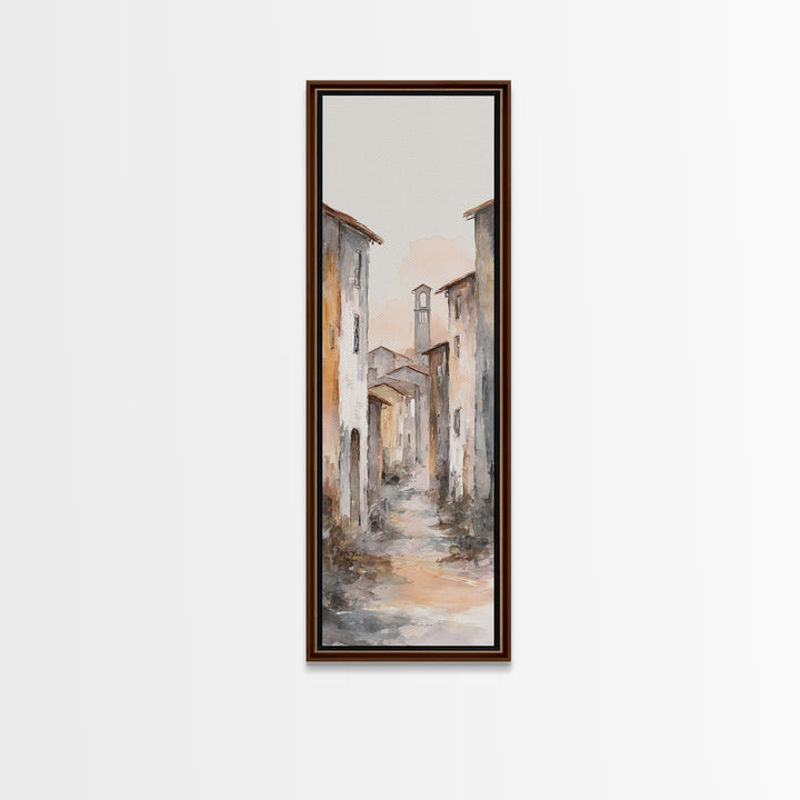 Soft Watercolor Village Street at Dawn Canvas Print, Bed and Breakfast Art, Farmhouse Wall Art, Living Room Decor, Fine Art, BAB-1x3-41
