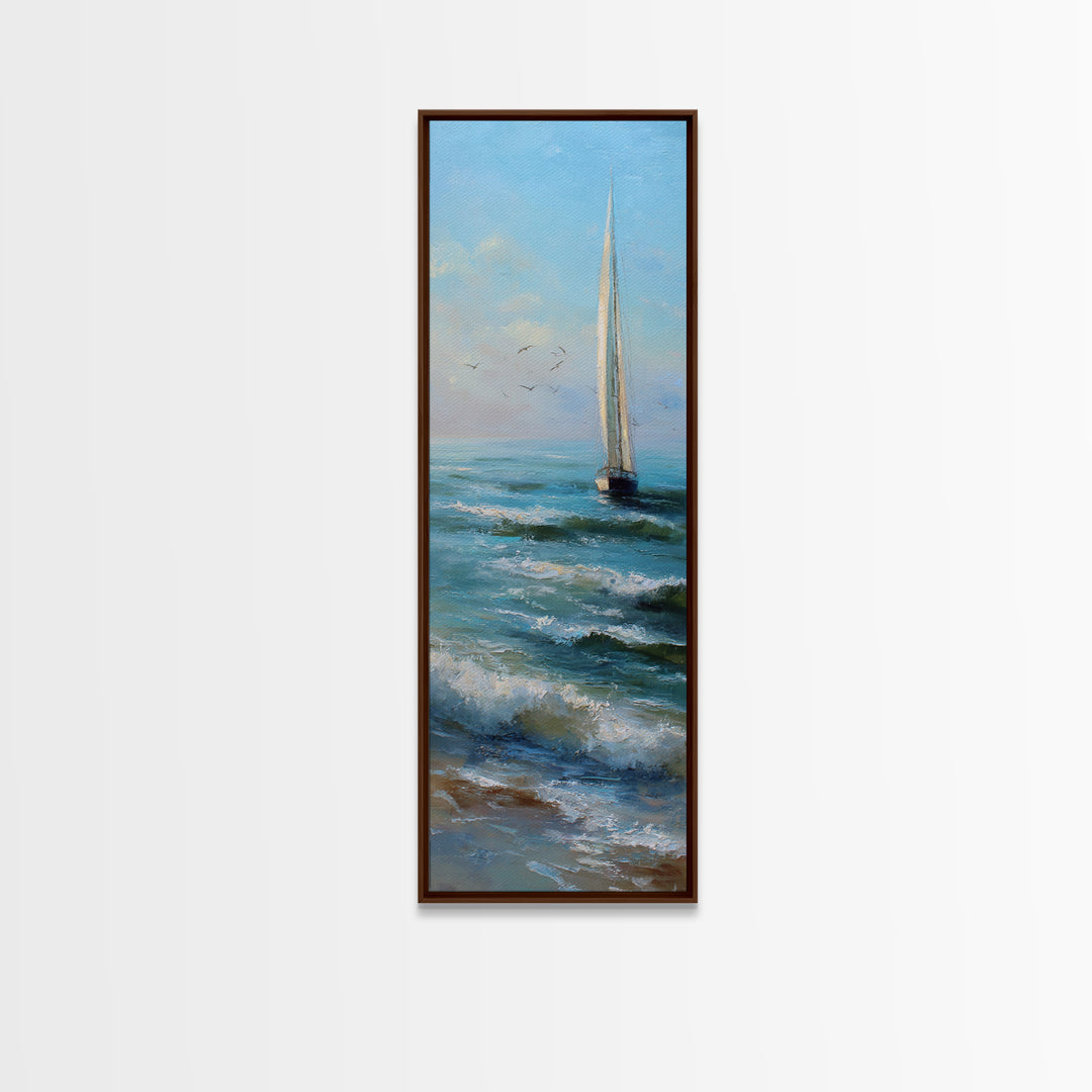 Coastal Inn Sailboat at Sunrise Framed Canvas Print, Bed and Breakfast Art, Textured Painting, Living Room Decor, Fine Art, BAB-1x3-53