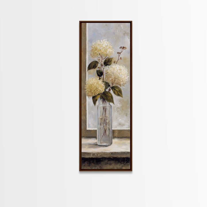 Sunlit Hydrangeas on a Windowsill Framed Canvas Print, Bed and Breakfast Art, Modern Decor, Living Room Decor, Fine Art, BAB-1x3-70