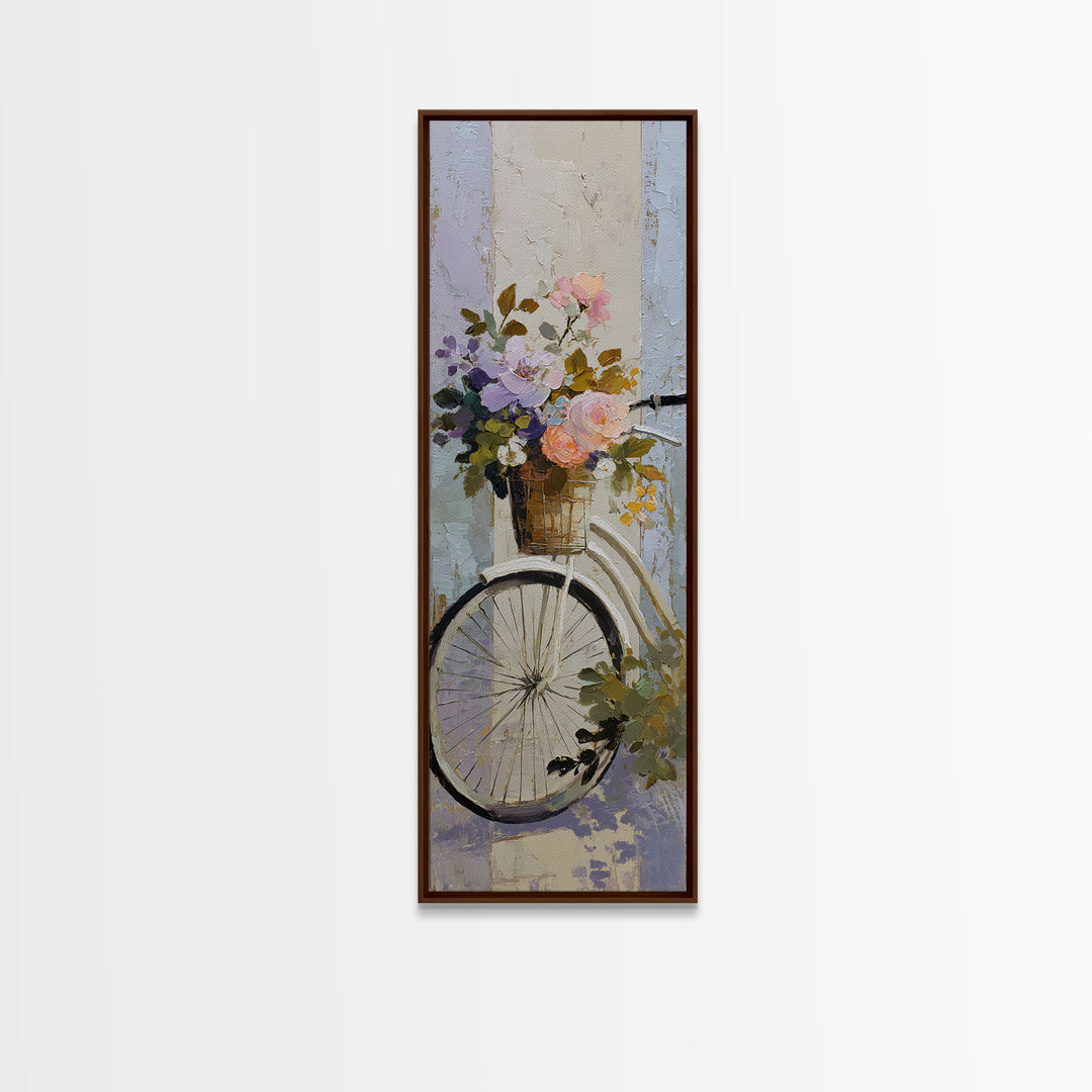 Old Bicycle with Flowers in Basket Framed Canvas Print, Bed and Breakfast Art, Folk Art, Living Room Decor, Watercolor Art, BAB-1x3-83