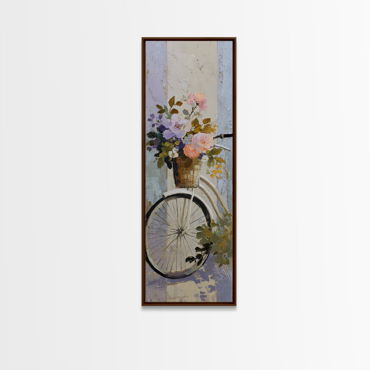 Old Bicycle with Flowers in Basket Framed Canvas Print, Bed and Breakfast Art, Folk Art, Living Room Decor, Watercolor Art, BAB-1x3-83