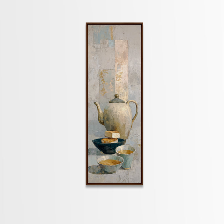 Porcelain Teapot and Scones Framed Canvas Print, Bed and Breakfast Art, Bedroom Prints, Living Room Decor, Abstract Art, BAB-1x3-96