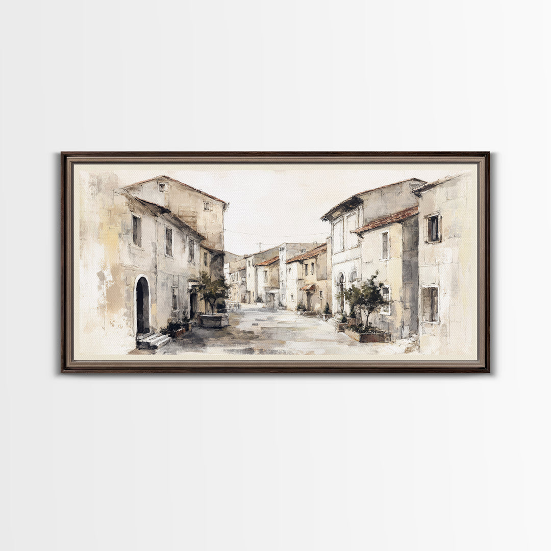 Soft Watercolor Village Street at Dawn Framed Canvas Print, Bed and Breakfast Art, Printable, Living Room Decor, Fine Art, BAB-2x1-1
