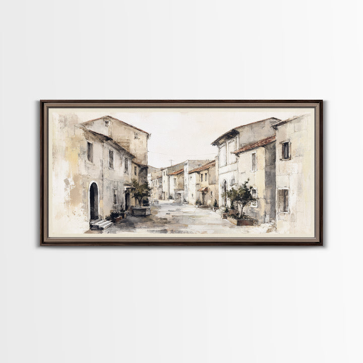 Soft Watercolor Village Street at Dawn Framed Canvas Print, Bed and Breakfast Art, Printable, Living Room Decor, Fine Art, BAB-2x1-1