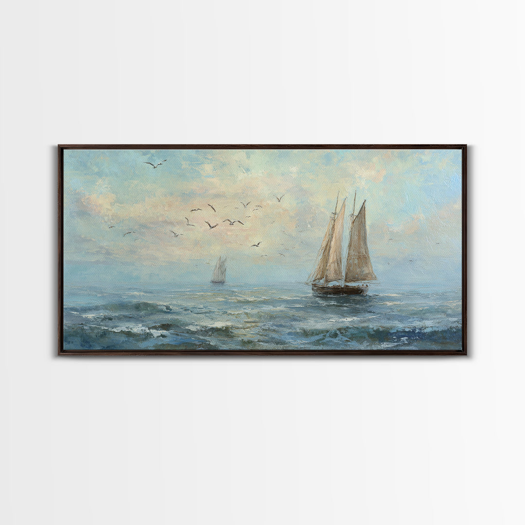 Coastal Inn Sailboat at Sunrise Framed Canvas Print, Bed and Breakfast Art, Print, Living Room Decor, Fine Art, BAB-2x1-13