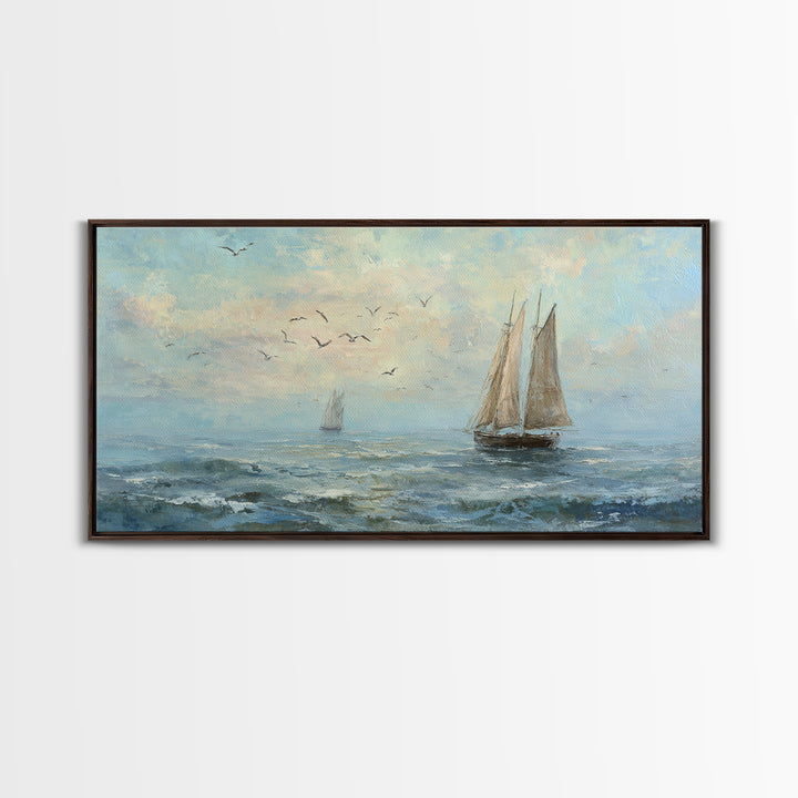Coastal Inn Sailboat at Sunrise Framed Canvas Print, Bed and Breakfast Art, Print, Living Room Decor, Fine Art, BAB-2x1-13