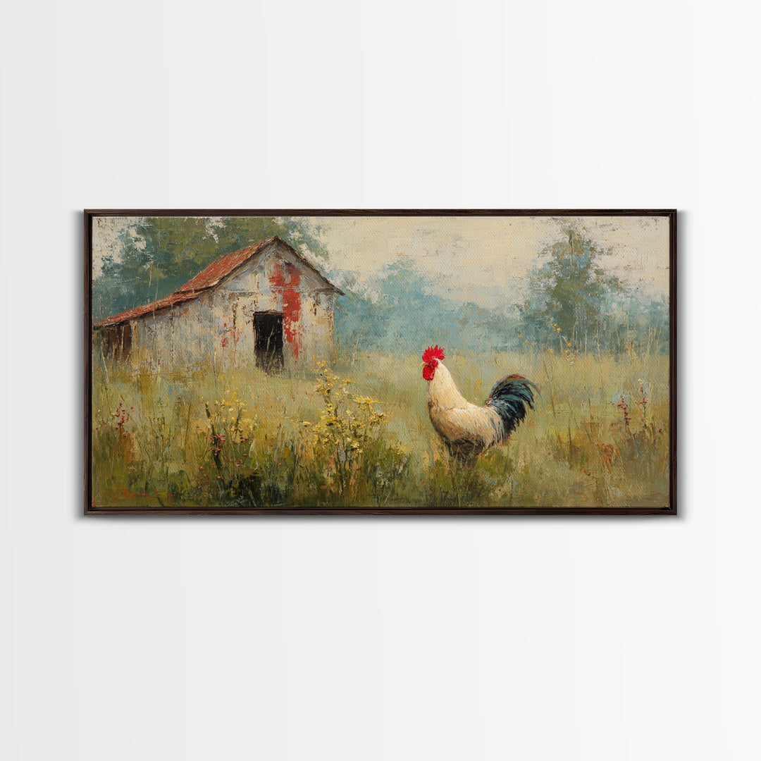 Rooster and Wildflower Country Portrait Framed Canvas Print, Bed and Breakfast Art, Home Decor, Living Room Decor, Fine Art, BAB-2x1-15
