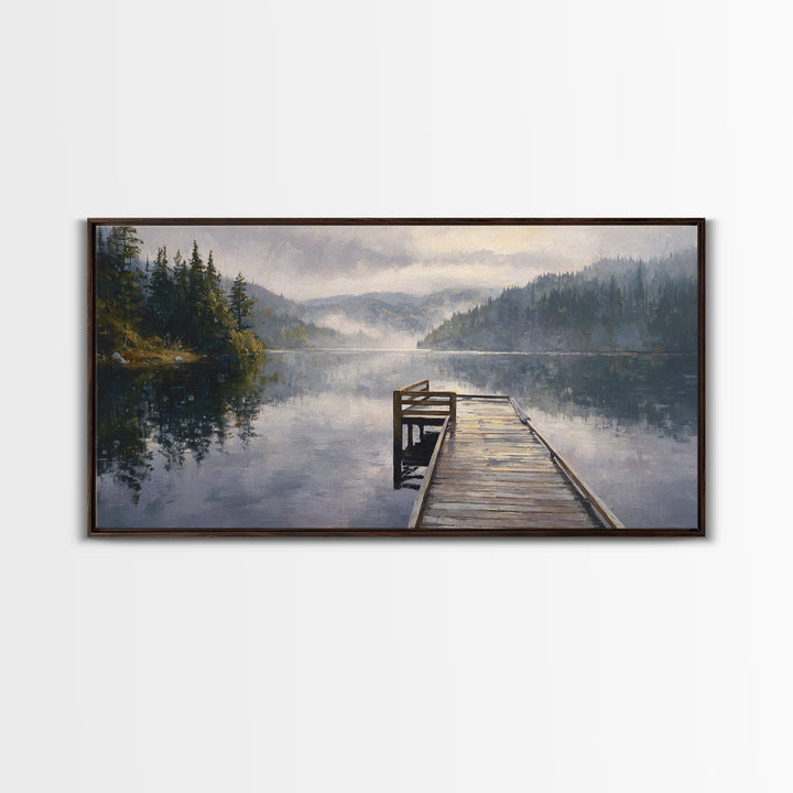 Quiet Lake Dock at Early Morning Framed Canvas Print, Bed and Breakfast Art, Room Decor, Living Room Decor, Fine Art, BAB-2x1-18