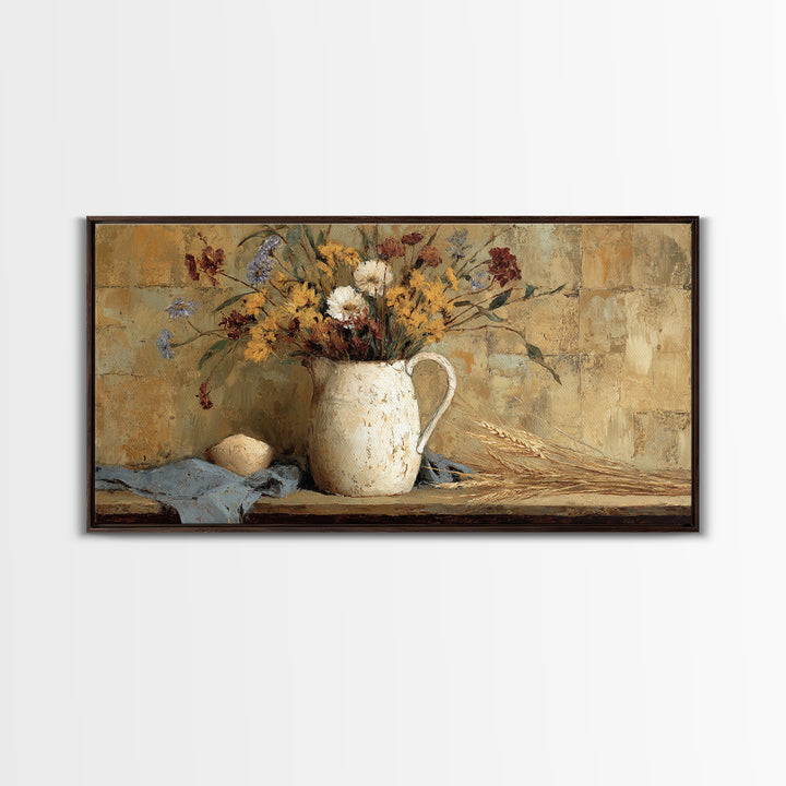 Country Wildflowers in a Chipped Ceramic Pitcher Canvas Print, Bed and Breakfast Art, Digital Art, Living Room Decor, Fine Art, BAB-2x1-21