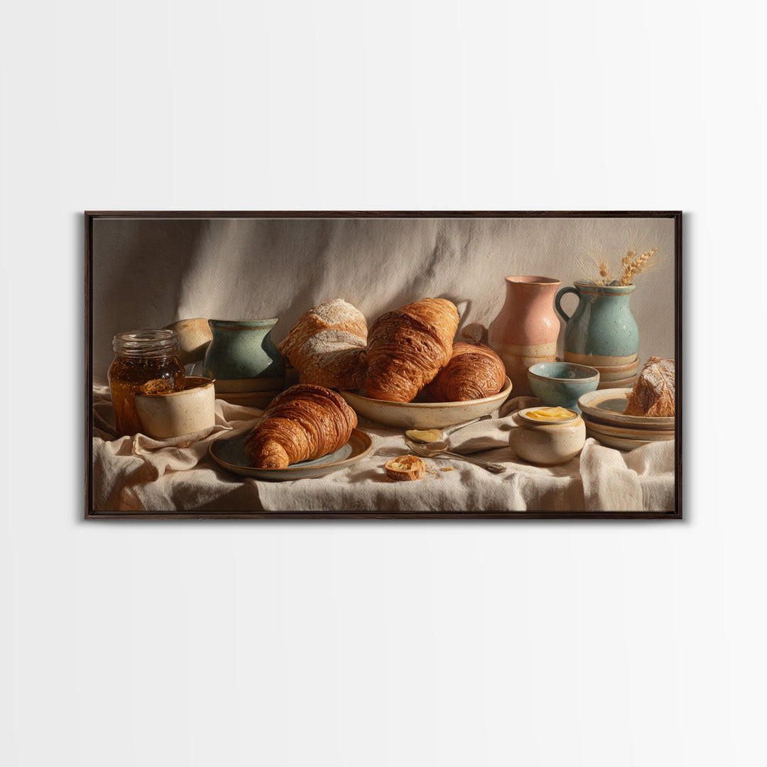 Fresh Croissants and Jam on a Linen Canvas Print, Bed and Breakfast Art, Textured Painting, Living Room Decor, Abstract Art, BAB-2x1-22