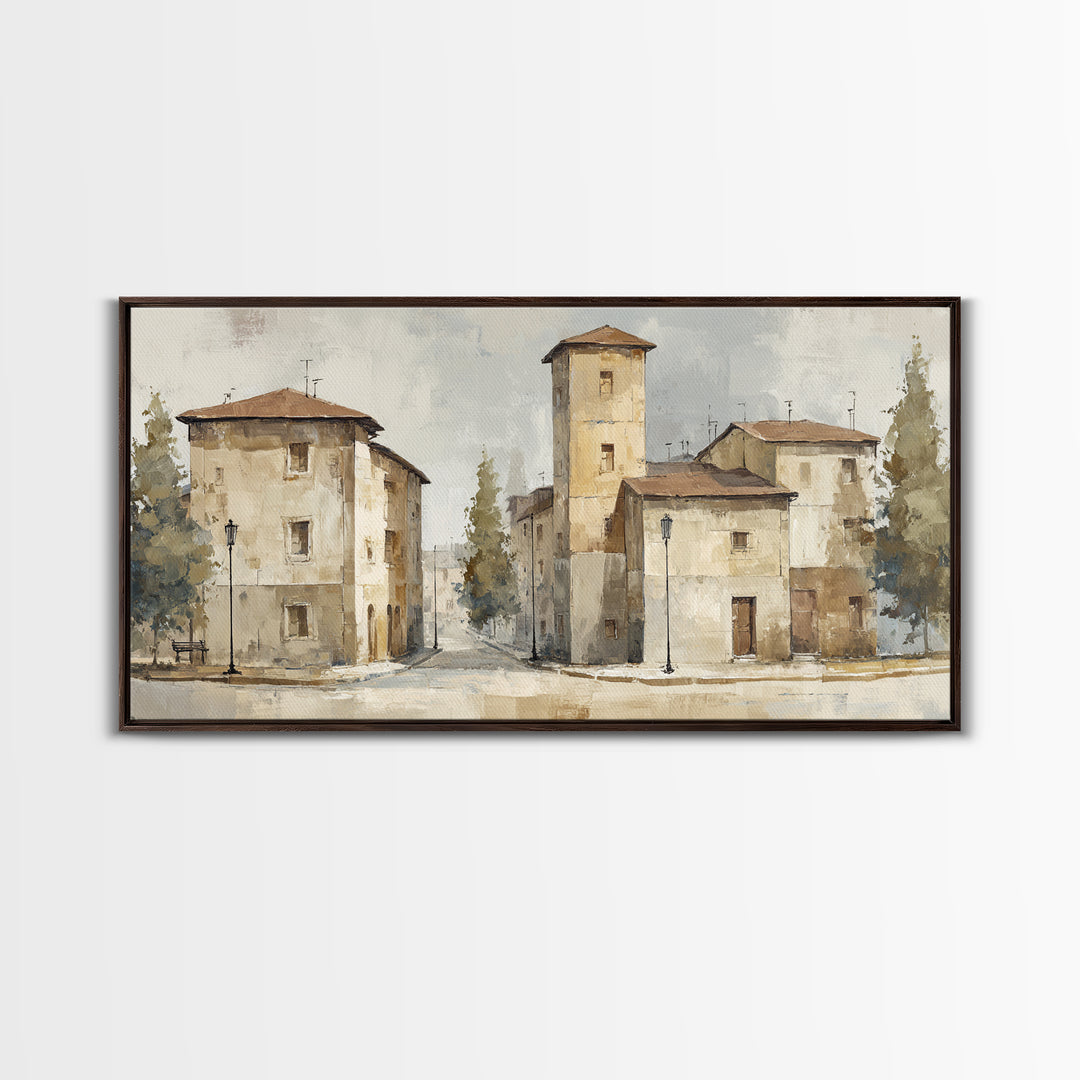 Soft Watercolor Village Street at Dawn Framed Canvas Print, Bed and Breakfast Art, Printable, Living Room Decor, Fine Art, BAB-2x1-25