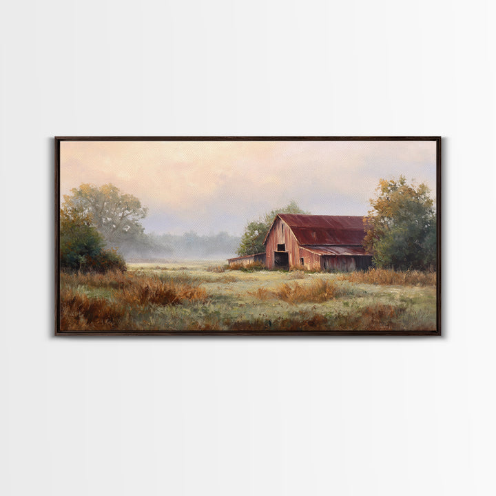Old Farmhouse Landscape Framed Canvas Print, Bed and Breakfast Art, Wood Wall Art, Living Room Decor, Oil Painting, BAB-2x1-3