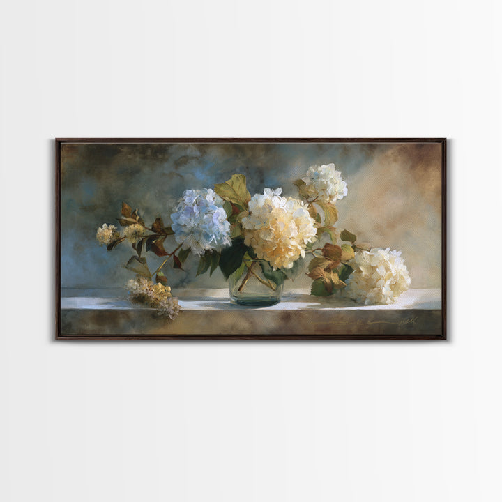 Sunlit Hydrangeas on a Windowsill Framed Canvas Print, Bed and Breakfast Art, Minimalist Decor, Living Room Decor, Fine Art, BAB-2x1-30