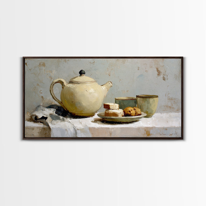 Porcelain Teapot and Scones Canvas Print, Bed and Breakfast Art, Wall Art, Living Room Decor, Oil Painting, Wood Wall Art, BAB-2x1-32