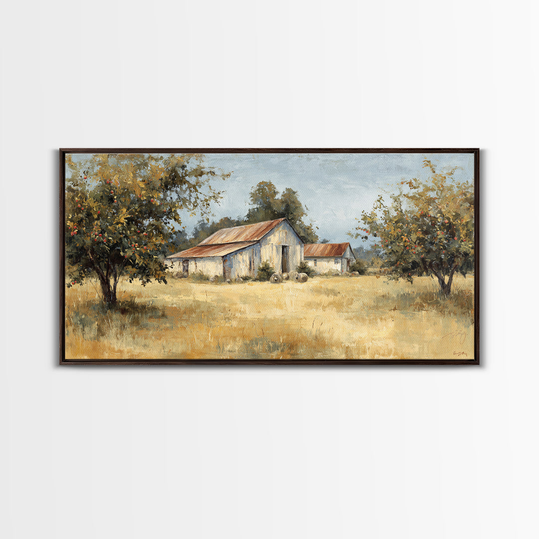 Apple Orchard Scene Framed Canvas Print, Bed and Breakfast Art, Decor, Living Room Decor, Fine Art, Dopamine Decor, BAB-2x1-33