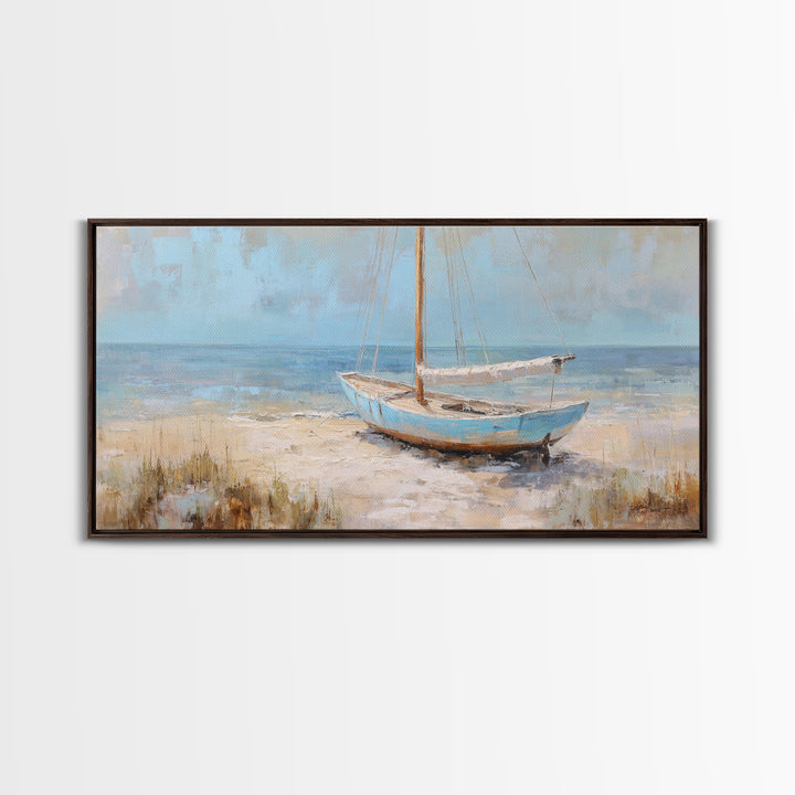 Coastal Inn Sailboat at Sunrise Framed Canvas Print, Bed and Breakfast Art, Print, Living Room Decor, Fine Art, BAB-2x1-37
