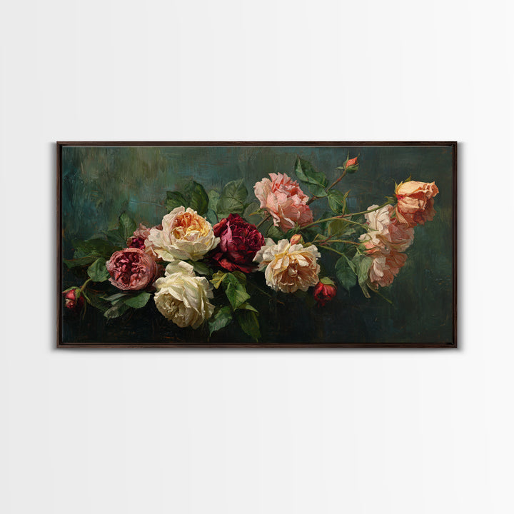 Garden Roses in Romantic Oil Paint Canvas Print, Bed and Breakfast Art, Art Print, Living Room Decor, Fine Art, BAB-2x1-41