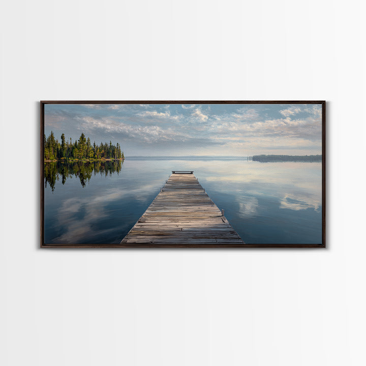 Quiet Lake Dock at Early Morning Framed Canvas Print, Bed and Breakfast Art, Room Decor, Living Room Decor, Fine Art, BAB-2x1-42