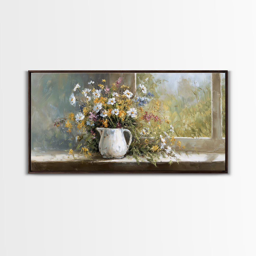 Country Wildflowers in a Chipped Ceramic Pitcher Canvas Print, Bed and Breakfast Art, Wood Wall Art, Living Room Decor, BAB-2x1-45