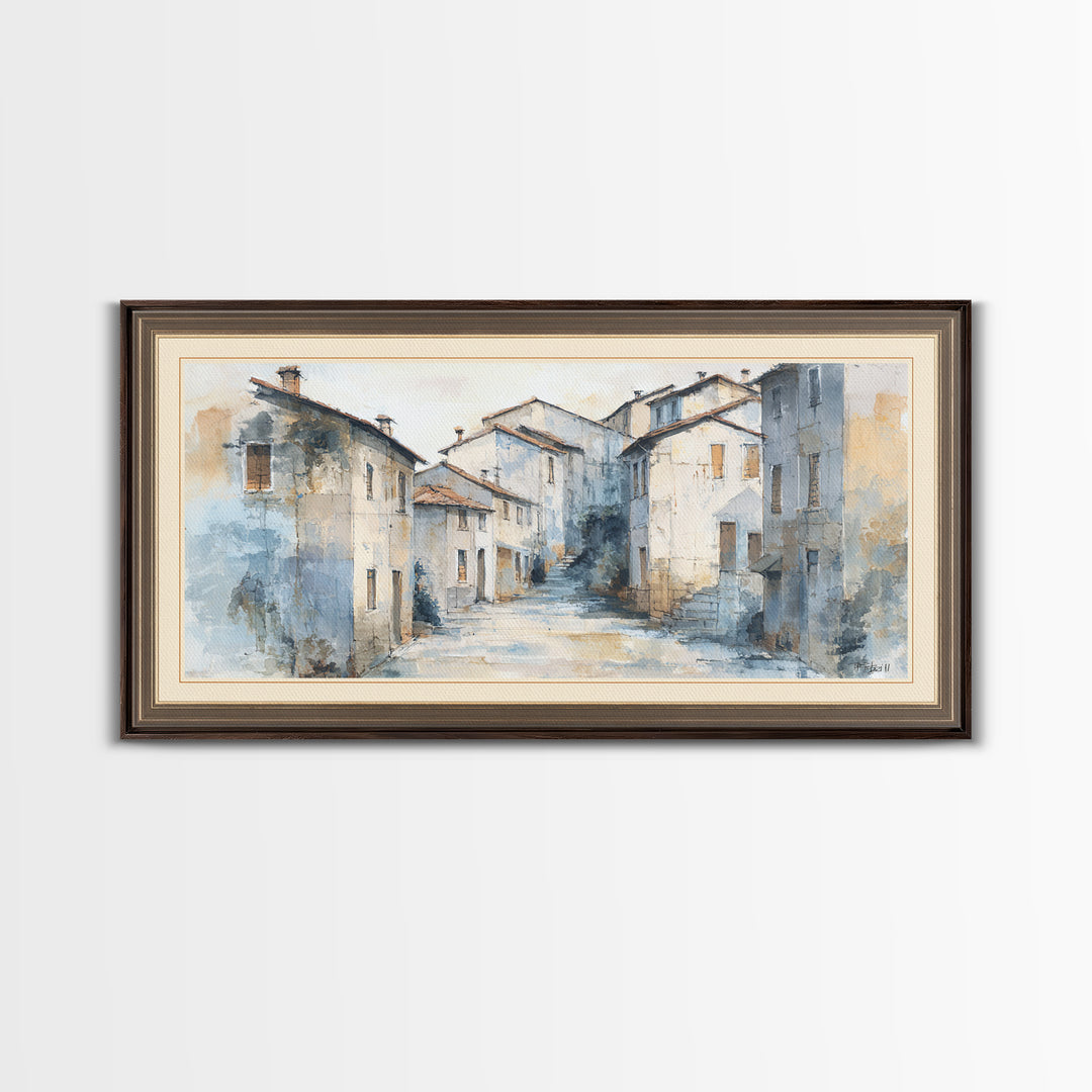 Soft Watercolor Village Street at Dawn Canvas Print, Bed and Breakfast Art, Printable Art, Living Room Decor, Fine Art, BAB-2x1-49