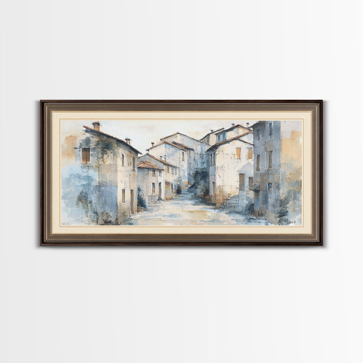 Soft Watercolor Village Street at Dawn Canvas Print, Bed and Breakfast Art, Printable Art, Living Room Decor, Fine Art, BAB-2x1-49