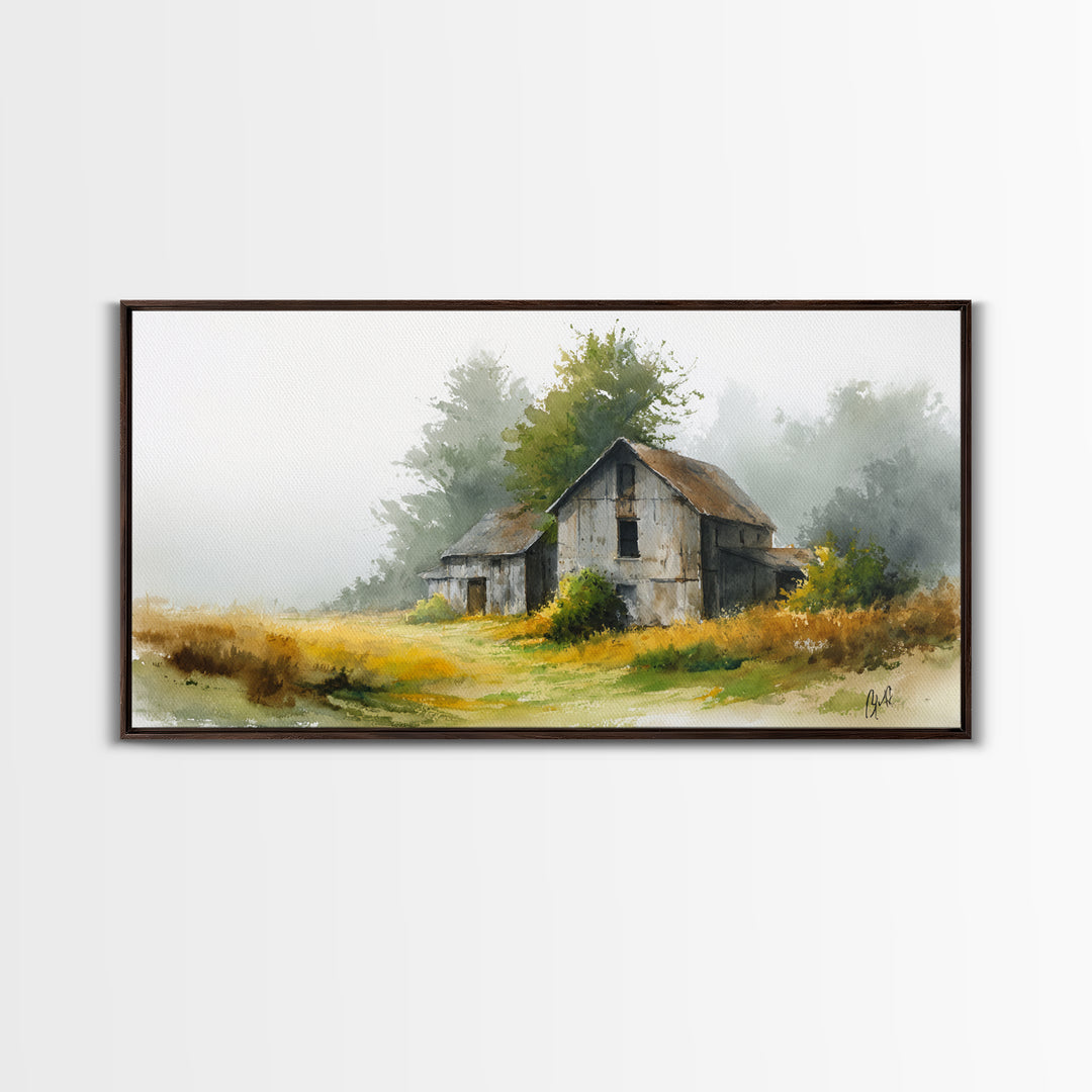 Old Farmhouse Landscape Framed Canvas Print, Bed and Breakfast Art, Living Room Decor, Watercolor Art, Folk Art, BAB-2x1-51
