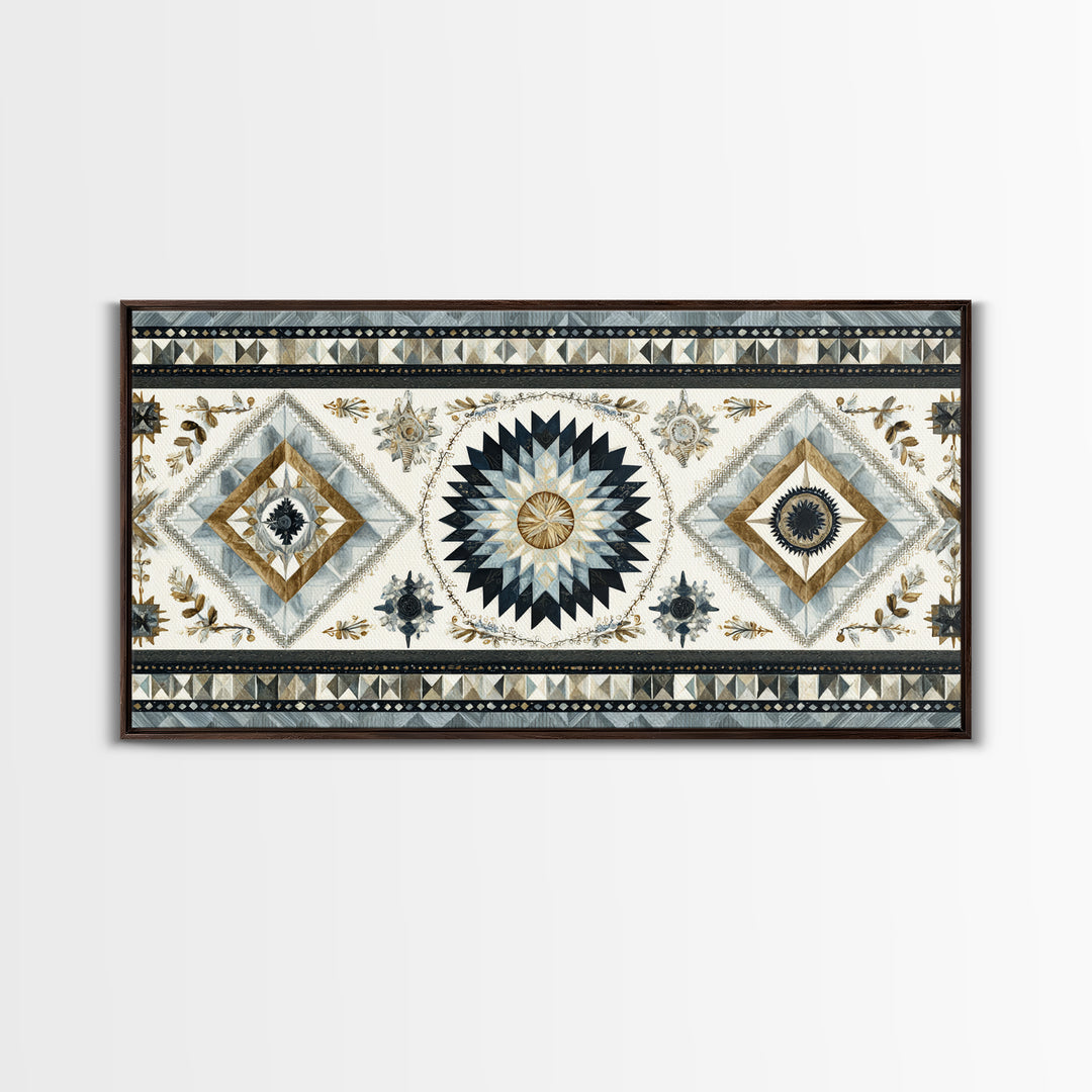 Quilt Pattern Folk Art Composition Framed Canvas Print, Bed and Breakfast Art, Dopamine Decor, Living Room Decor, Fine Art, BAB-2x1-55