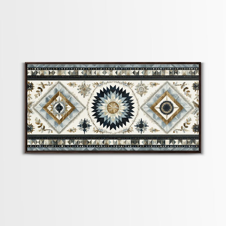 Quilt Pattern Folk Art Composition Framed Canvas Print, Bed and Breakfast Art, Dopamine Decor, Living Room Decor, Fine Art, BAB-2x1-55