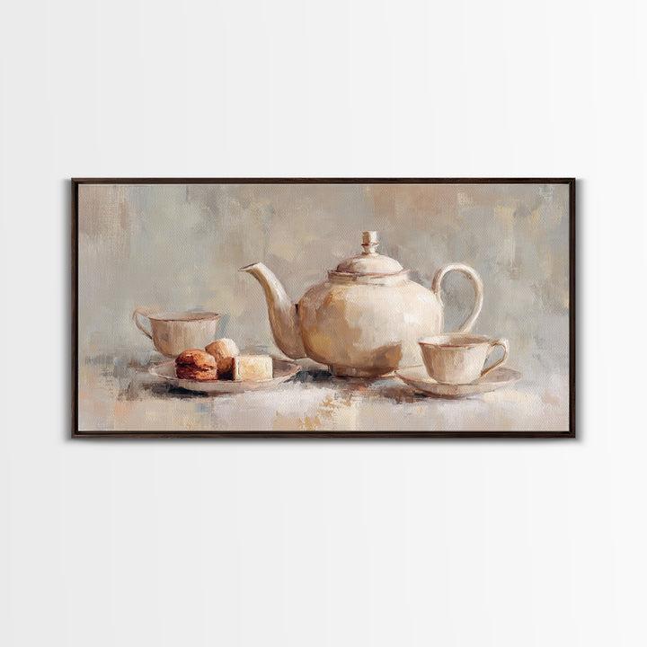 Porcelain Teapot and Scones Framed Canvas Print, Bed and Breakfast Art, Art Print, Living Room Decor, Fine Art, BAB-2x1-56