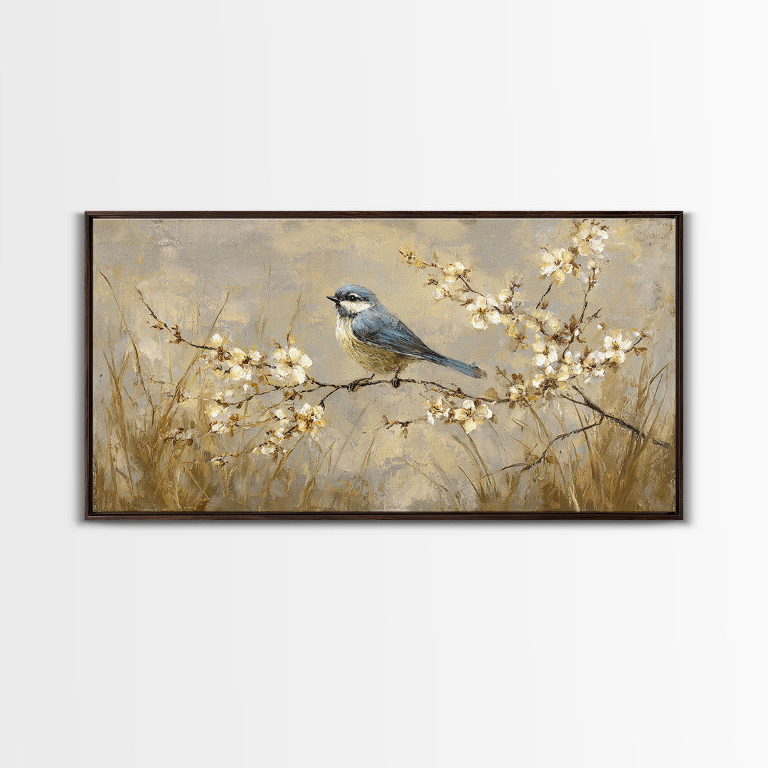 Small Bird on a Flowering Branch Canvas Print, Bed and Breakfast Art, Print, Living Room Decor, Watercolor Art, BAB-2x1-58