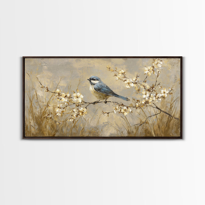 Small Bird on a Flowering Branch Canvas Print, Bed and Breakfast Art, Print, Living Room Decor, Watercolor Art, BAB-2x1-58