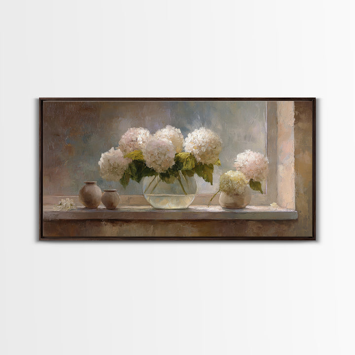Sunlit Hydrangeas on a Windowsill Framed Canvas Print, Bed and Breakfast Art, Minimalist Decor, Living Room Decor, Fine Art, BAB-2x1-6