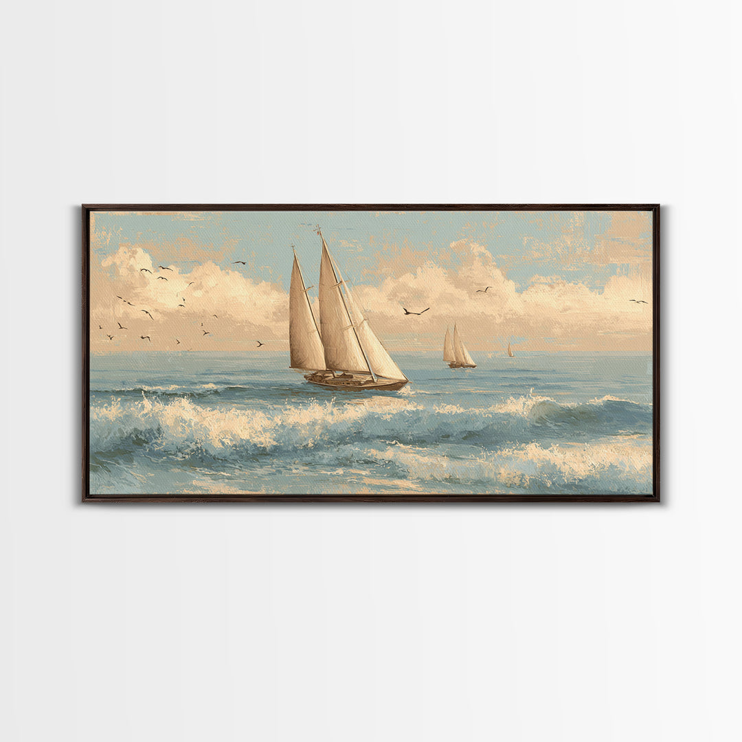 Coastal Inn Sailboat at Sunrise Canvas Print, Bed and Breakfast Art, Abstract Art, Living Room Decor, Fine Art, BAB-2x1-61