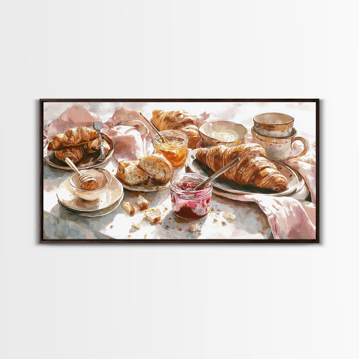 Fresh Croissants and Jam on a Linen Canvas Print, Bed and Breakfast Art, Printable, Living Room Decor, Fine Art, BAB-2x1-70