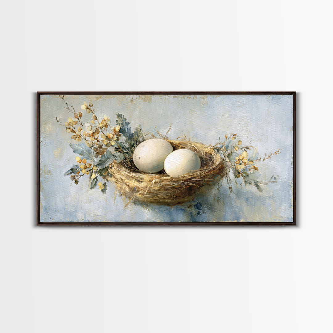 Fresh Eggs in a Woven Basket with Canvas Print, Bed and Breakfast Art, Printable Wall Art, Living Room Decor, Watercolor Art, BAB-2x1-74