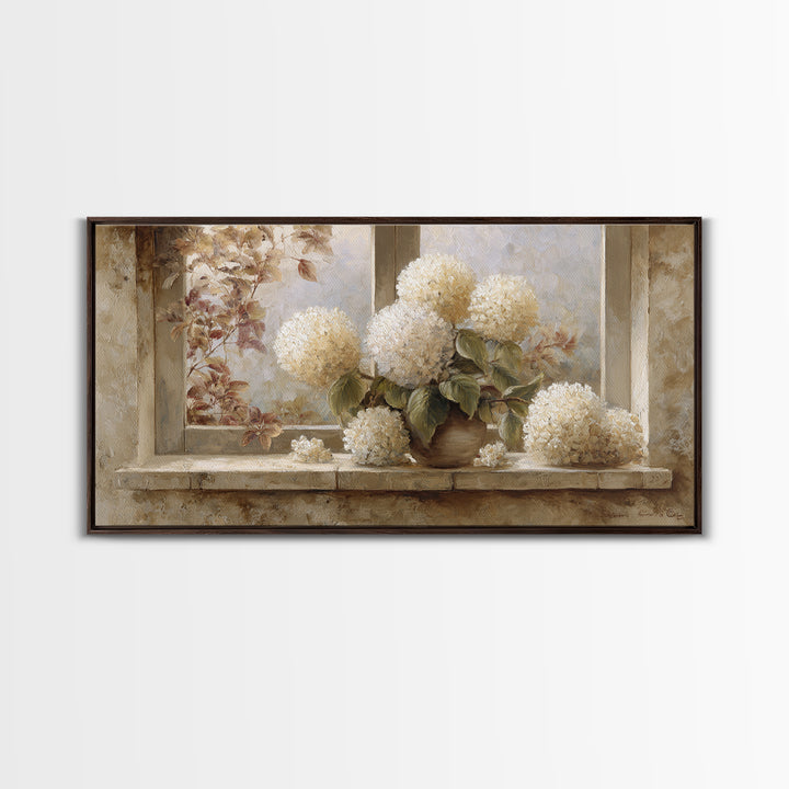 Sunlit Hydrangeas on a Windowsill Canvas Print, Bed and Breakfast Art, Decor, Living Room Decor, Fine Art, Dopamine Decor, BAB-2x1-78