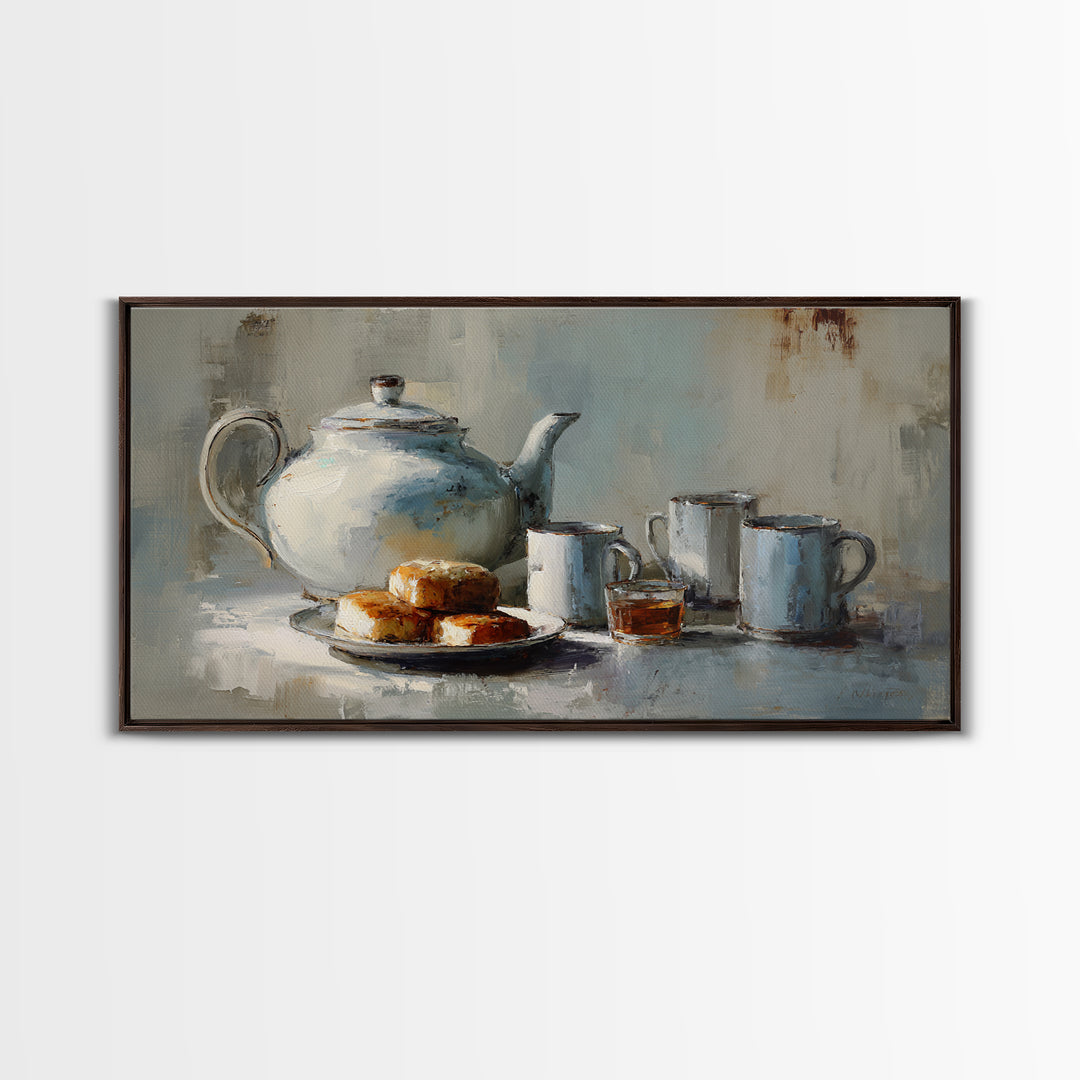 Porcelain Teapot and Scones Framed Canvas Print, Bed and Breakfast Art, Bed, Living Room Decor, Fine Art, Rustic Home Decor, BAB-2x1-80