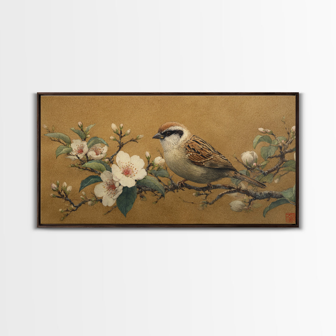 Small Bird on a Flowering Branch Canvas Print, Bed and Breakfast Art, Print, Living Room Decor, Watercolor Art, BAB-2x1-82