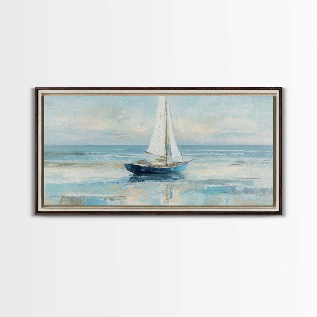 Coastal Inn Sailboat at Sunrise Framed Canvas Print, Bed and Breakfast Art, Dopamine Decor, Living Room Decor, Fine Art, BAB-2x1-85