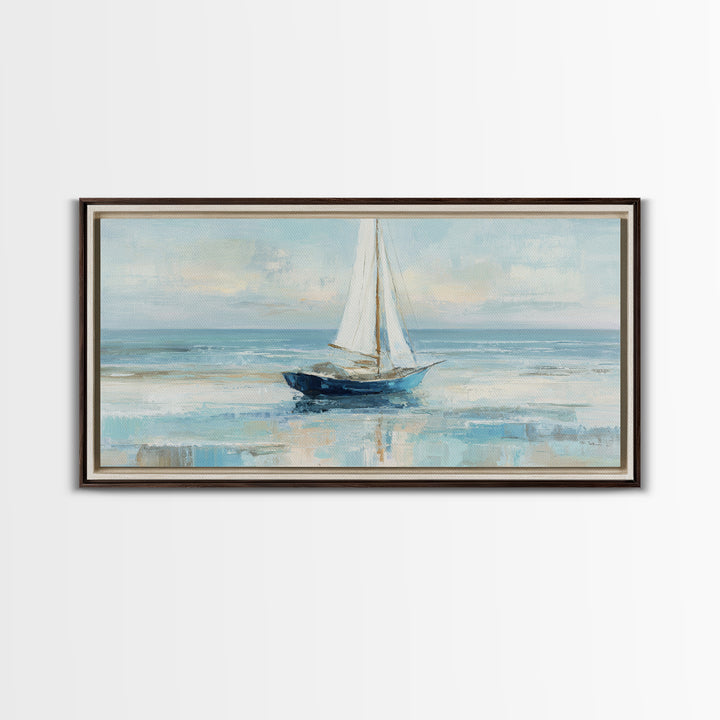 Coastal Inn Sailboat at Sunrise Framed Canvas Print, Bed and Breakfast Art, Dopamine Decor, Living Room Decor, Fine Art, BAB-2x1-85