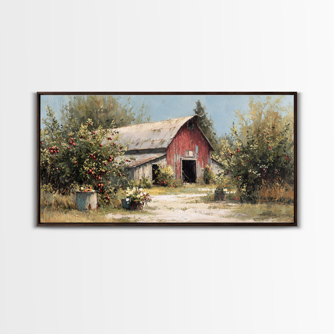 Apple Orchard Scene Framed Canvas Print, Bed and Breakfast Art, Decor, Living Room Decor, Fine Art, Dopamine Decor, BAB-2x1-9
