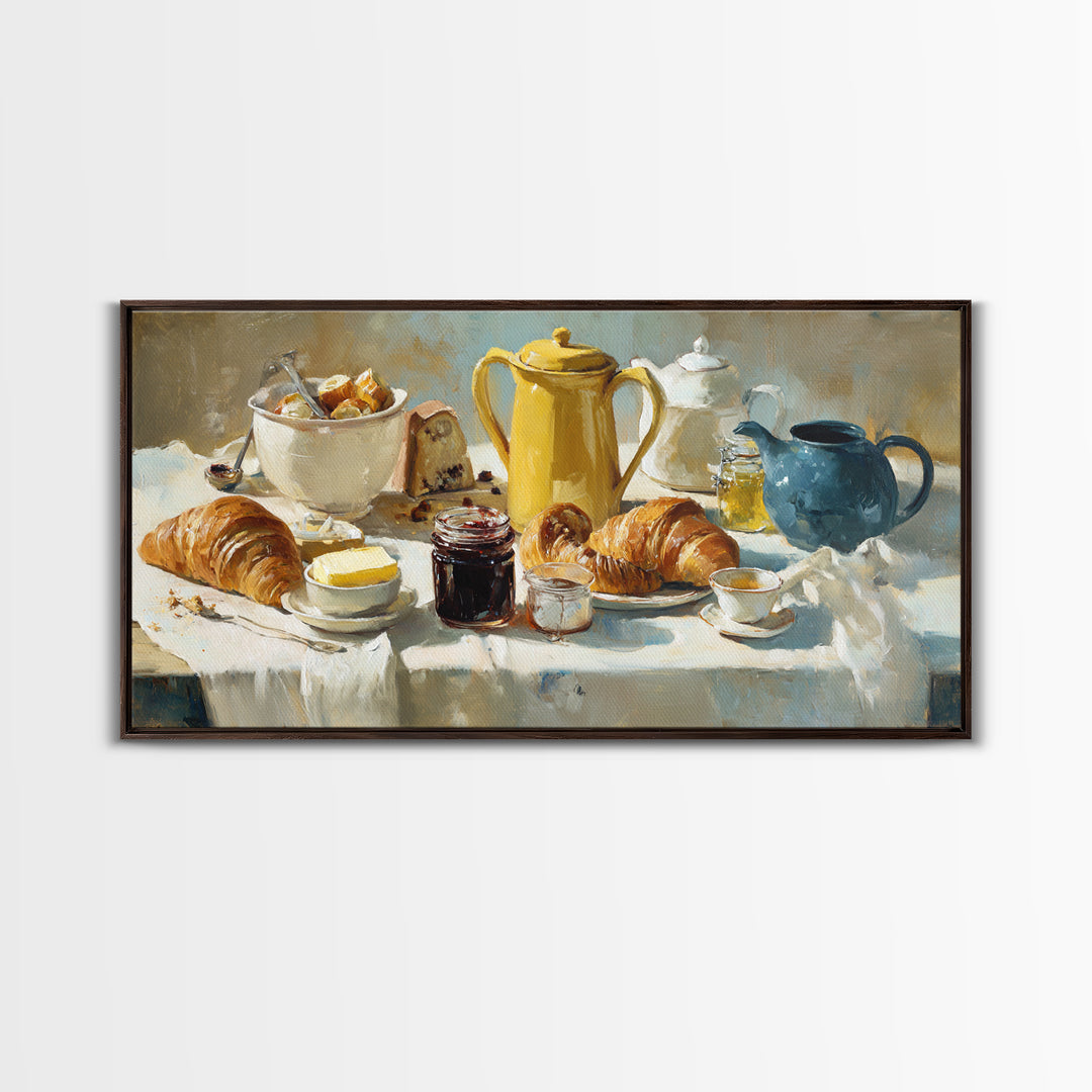 Fresh Croissants and Jam on a Linen Canvas Print, Bed and Breakfast Art, Printable, Living Room Decor, Fine Art, BAB-2x1-94
