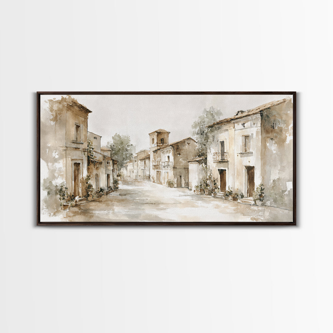 Soft Watercolor Village Street at Dawn Canvas Print, Bed and Breakfast Art, Bedroom Wall Art, Living Room Decor, BAB-2x1-97