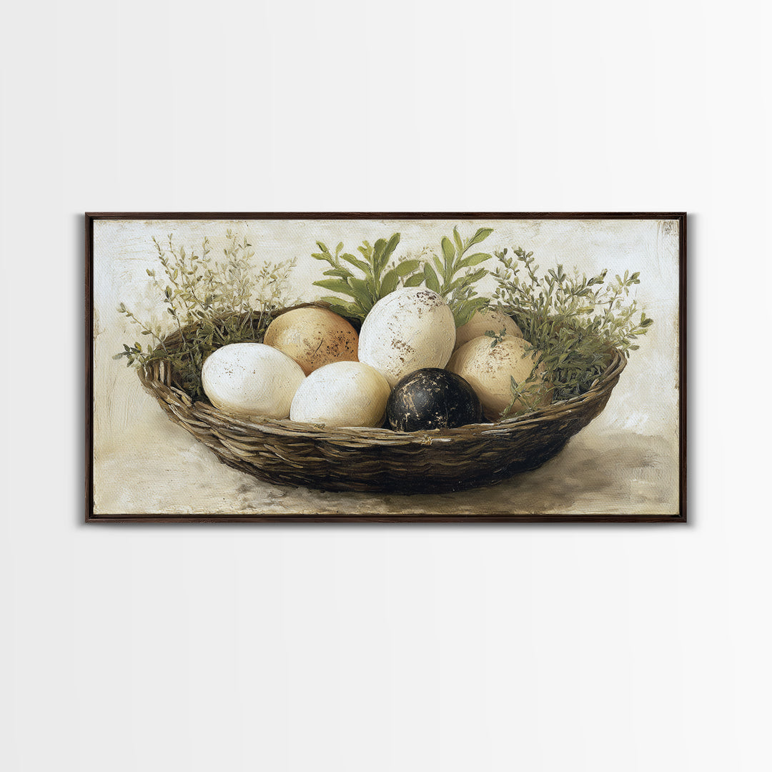 Fresh Eggs in a Woven Basket with Canvas Print, Bed and Breakfast Art, Printable Wall Art, Living Room Decor, Watercolor Art, BAB-2x1-98