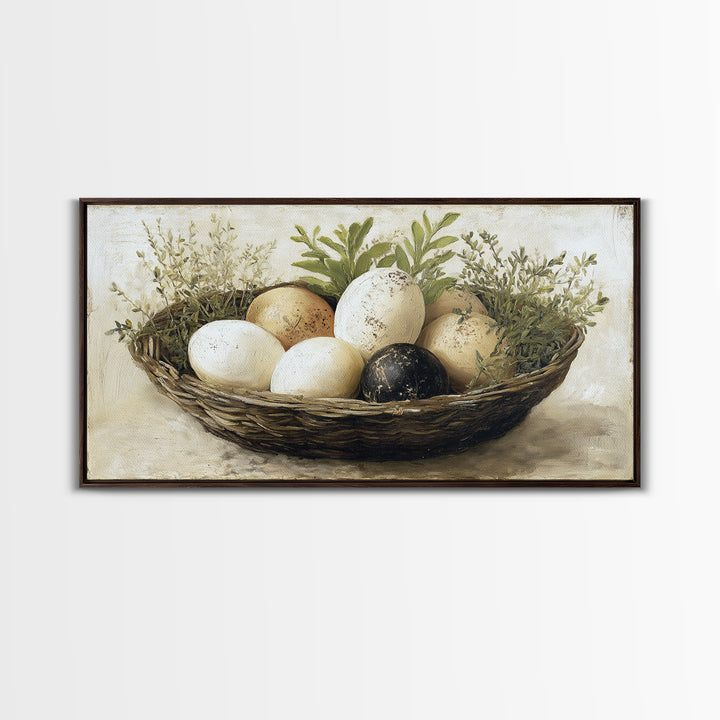 Fresh Eggs in a Woven Basket with Canvas Print, Bed and Breakfast Art, Printable Wall Art, Living Room Decor, Watercolor Art, BAB-2x1-98