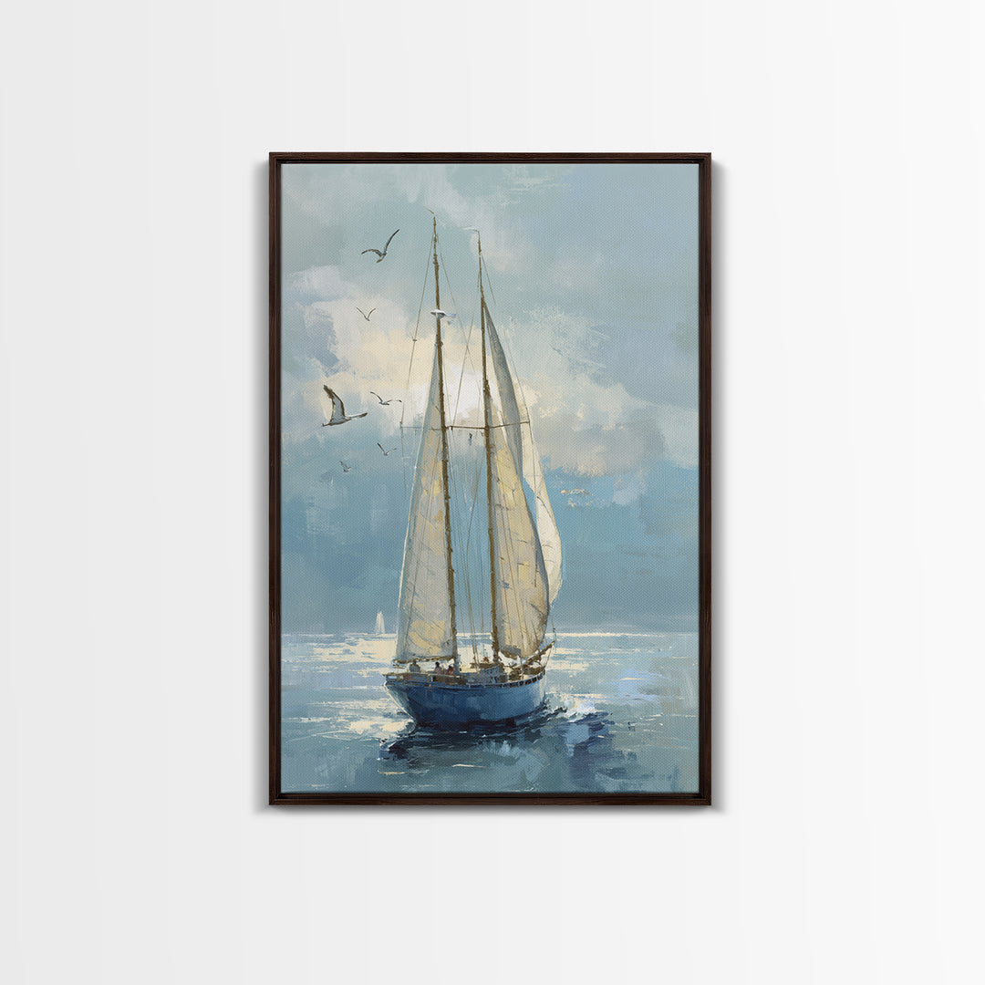 Coastal Inn Sailboat at Sunrise Framed Canvas Print, Bed and Breakfast Art, Printable, Living Room Decor, Fine Art, BAB-2x3-1