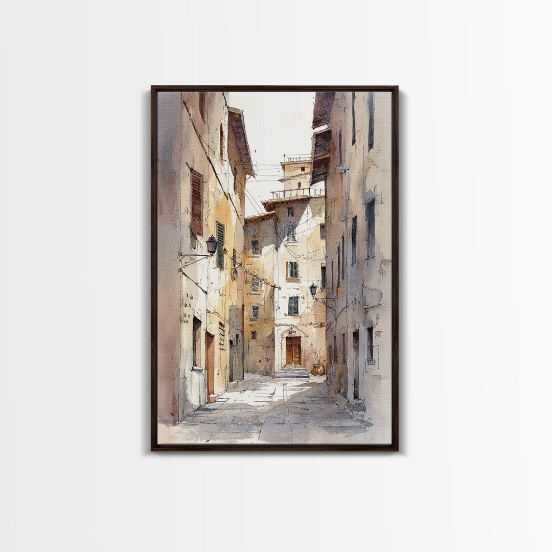 Soft Watercolor Village Street at Dawn Framed Canvas Print, Bed and Breakfast Art, Abstract Art, Living Room Decor, Fine Art, BAB-2x3-13