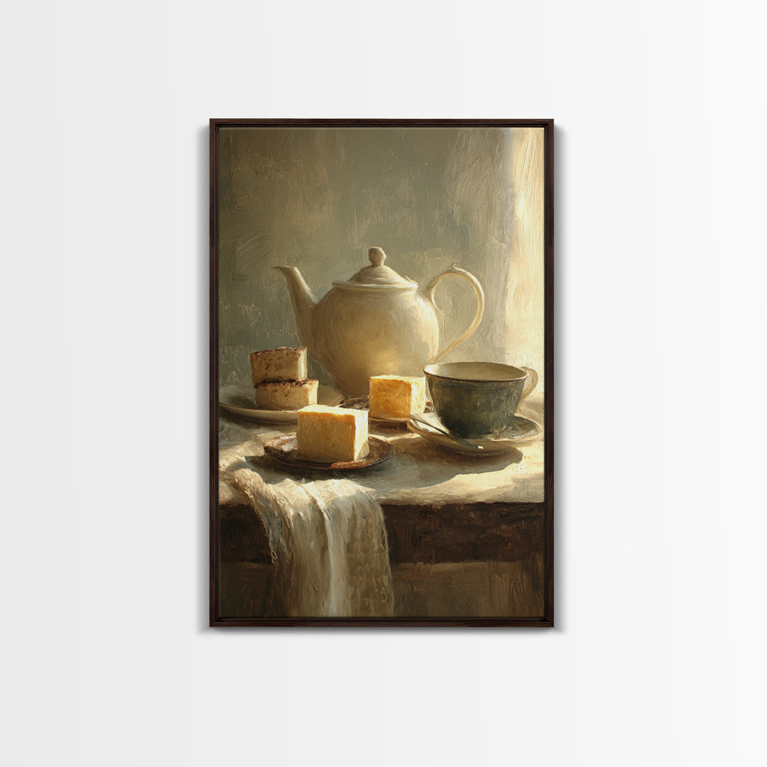 Porcelain Teapot and Scones Framed Canvas Print, Bed and Breakfast Art, Farmhouse Decor, Living Room Decor, Oil Painting, BAB-2x3-20