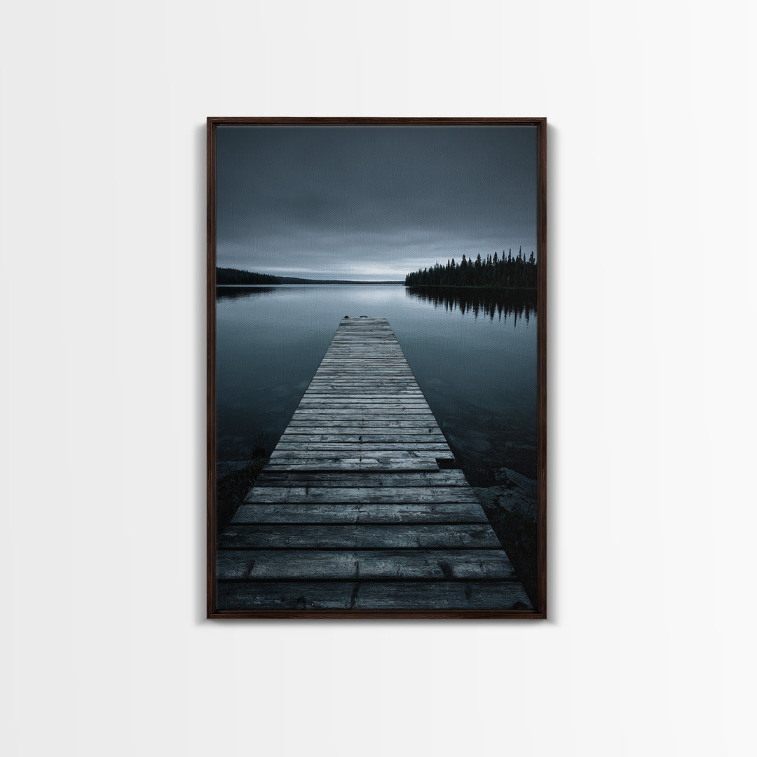 Quiet Lake Dock at Early Morning Framed Canvas Print, Bed and Breakfast Art, Minimalist Decor, Living Room Decor, Oil Painting, BAB-2x3-30